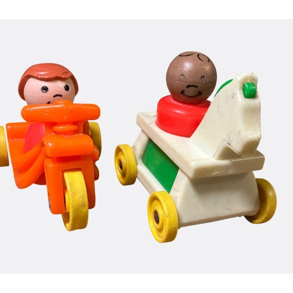 Vintage Fisher Price Little People Orange Bicycle & Horse Cart With Two Figures